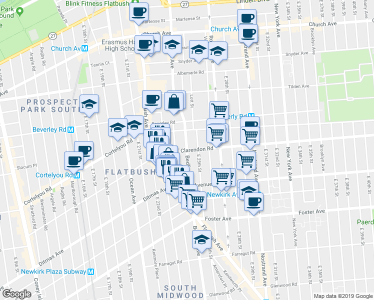 map of restaurants, bars, coffee shops, grocery stores, and more near Bedford Ave & Clarendon Rd in Brooklyn