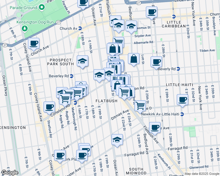 map of restaurants, bars, coffee shops, grocery stores, and more near 480 East 21st Street in Brooklyn