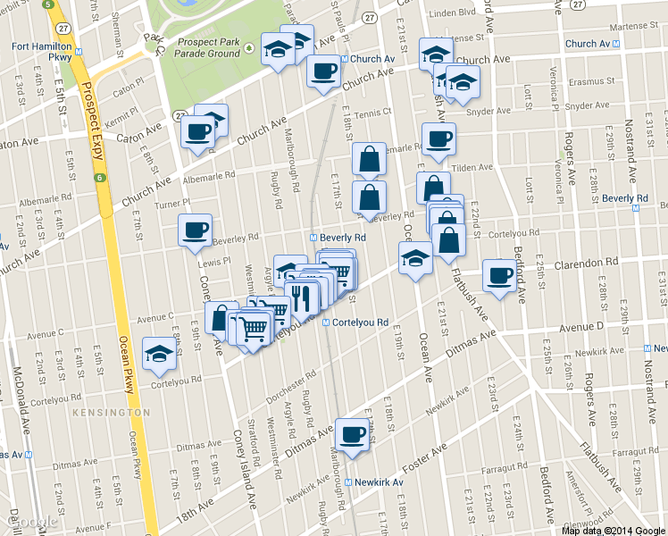 map of restaurants, bars, coffee shops, grocery stores, and more near 333 East 16th Street in Brooklyn