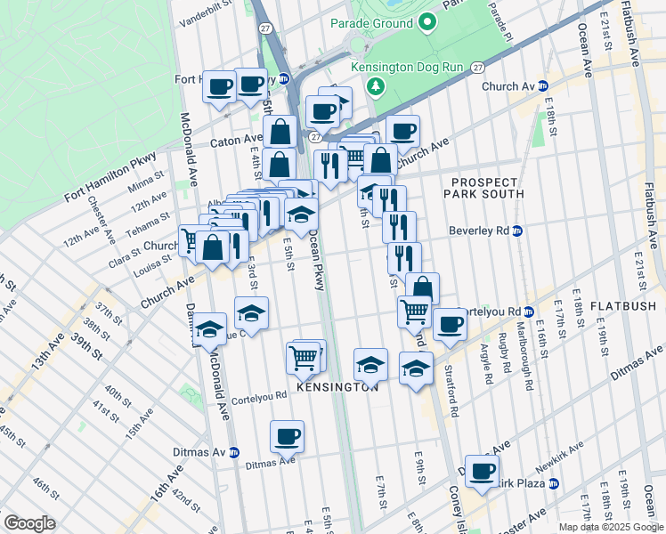 map of restaurants, bars, coffee shops, grocery stores, and more near 280 Ocean Parkway Service Road in Brooklyn