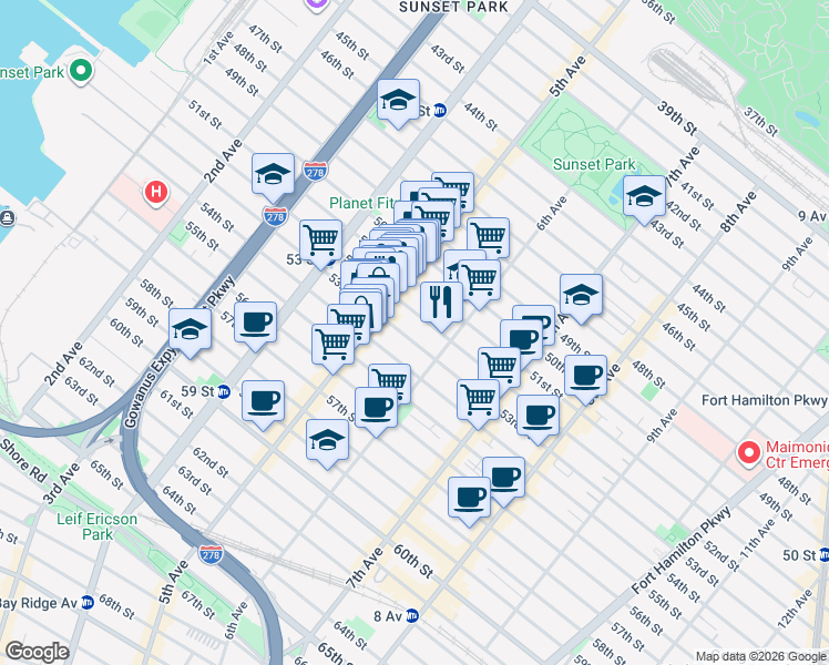 map of restaurants, bars, coffee shops, grocery stores, and more near in Brooklyn