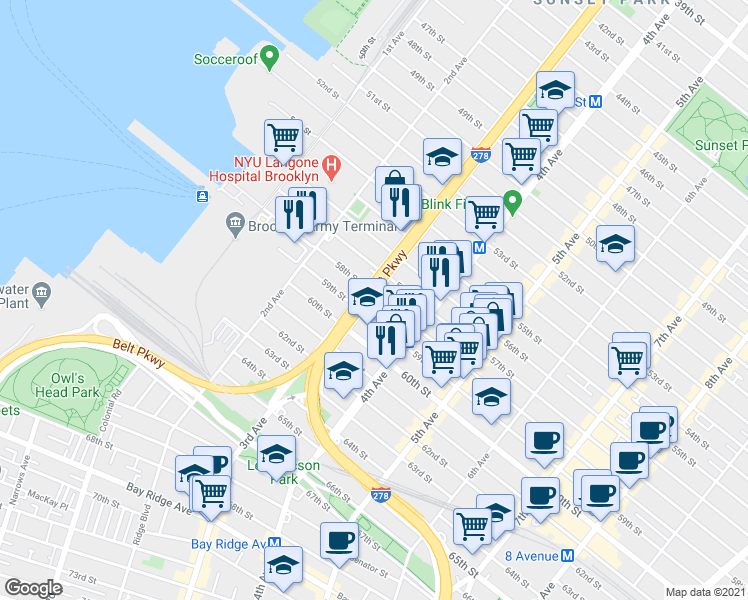 map of restaurants, bars, coffee shops, grocery stores, and more near 325 59th Street in Brooklyn