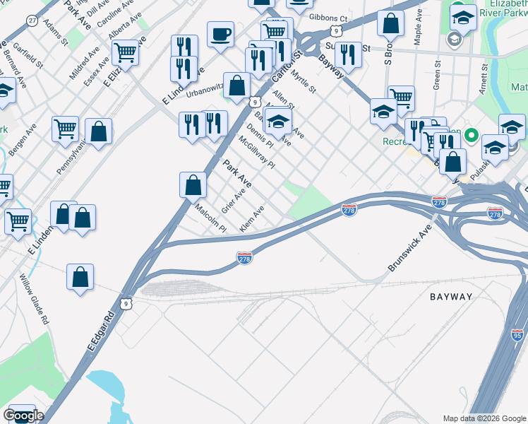 map of restaurants, bars, coffee shops, grocery stores, and more near 943 Worth Avenue in Linden