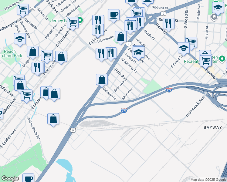 map of restaurants, bars, coffee shops, grocery stores, and more near 814 Gilchrist Avenue in Linden