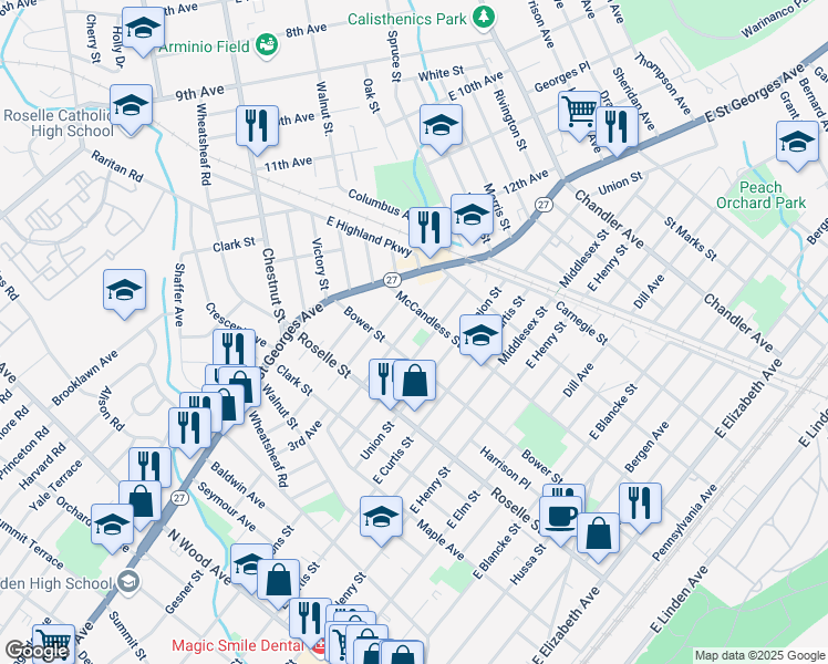 map of restaurants, bars, coffee shops, grocery stores, and more near 711-715 Cleveland Avenue in Linden