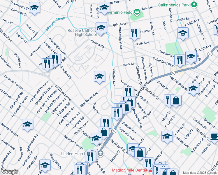 map of restaurants, bars, coffee shops, grocery stores, and more near 409 Brooklawn Avenue in Roselle