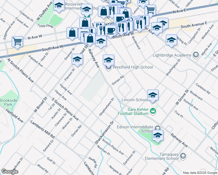 map of restaurants, bars, coffee shops, grocery stores, and more near 615 Dorian Road in Westfield