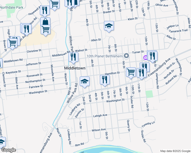 map of restaurants, bars, coffee shops, grocery stores, and more near 1849 5th Street in Bethlehem