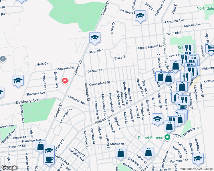 map of restaurants, bars, coffee shops, grocery stores, and more near 2127 Monterey Street in Bethlehem