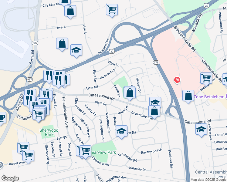 map of restaurants, bars, coffee shops, grocery stores, and more near 2140 Catasauqua Road in Bethlehem
