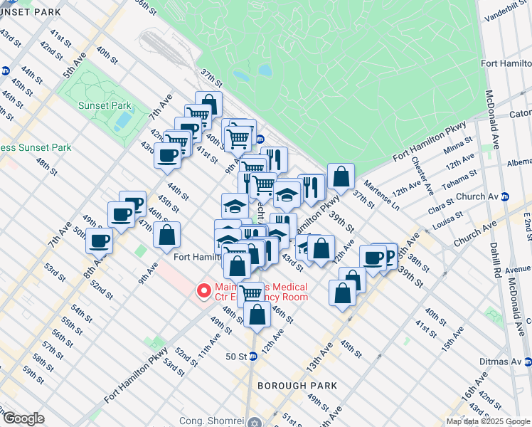 map of restaurants, bars, coffee shops, grocery stores, and more near 1039 42nd Street in Brooklyn