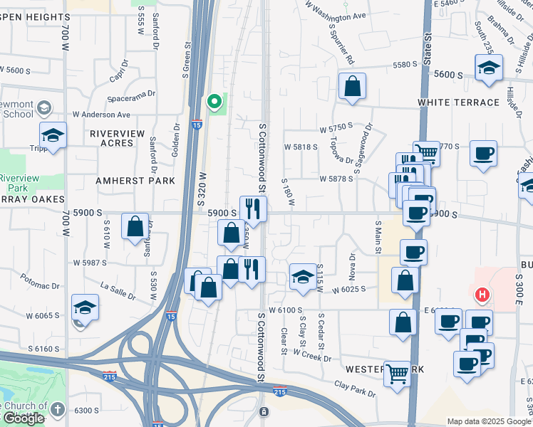 map of restaurants, bars, coffee shops, grocery stores, and more near 275 5900 South in Murray