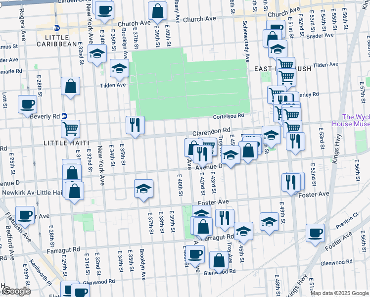 map of restaurants, bars, coffee shops, grocery stores, and more near 1269 Albany Avenue in Brooklyn