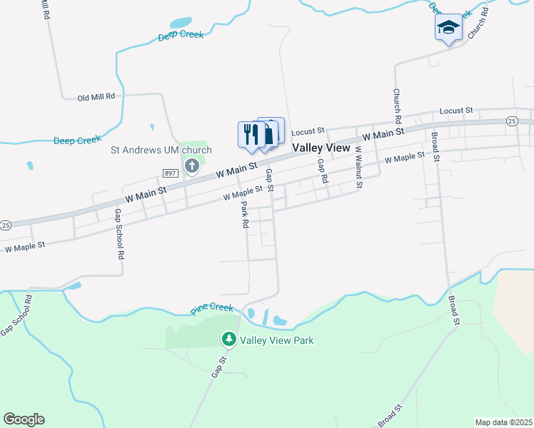 map of restaurants, bars, coffee shops, grocery stores, and more near 313 Gap Street in Valley View