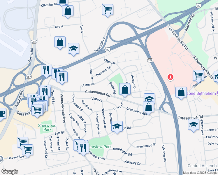 map of restaurants, bars, coffee shops, grocery stores, and more near 2140 Catasauqua Road in Bethlehem