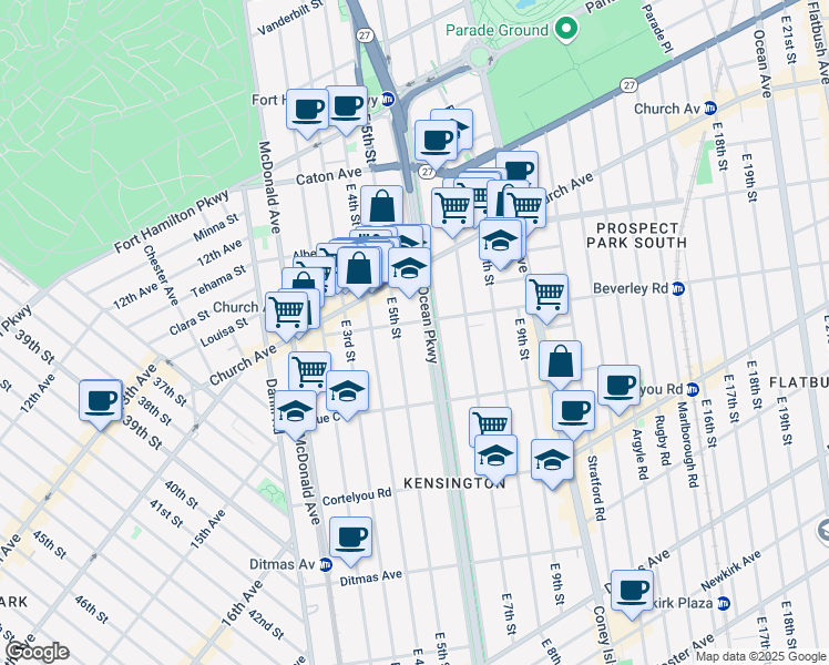 map of restaurants, bars, coffee shops, grocery stores, and more near 280 Ocean Parkway Service Road in Brooklyn