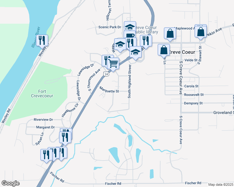 map of restaurants, bars, coffee shops, grocery stores, and more near 124 Marquette Street in Creve Coeur