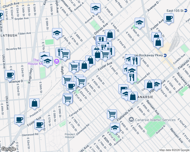 map of restaurants, bars, coffee shops, grocery stores, and more near 538 East 86th Street in Brooklyn
