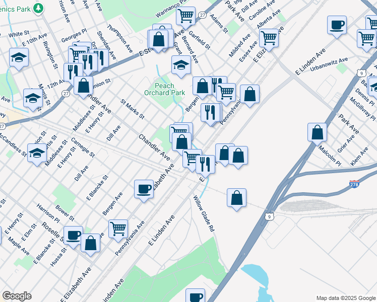 map of restaurants, bars, coffee shops, grocery stores, and more near 1220 East Elizabeth Avenue in Linden