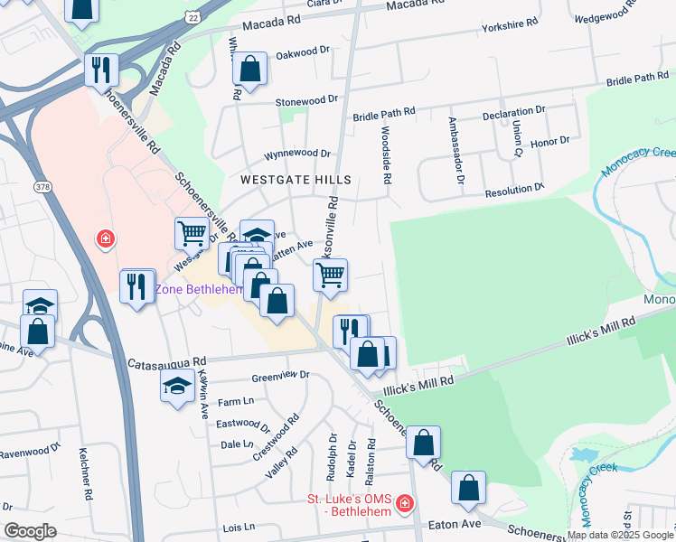 map of restaurants, bars, coffee shops, grocery stores, and more near 2368 Jacksonville Road in Bethlehem