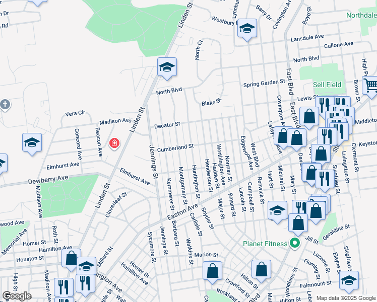 map of restaurants, bars, coffee shops, grocery stores, and more near 2127 Monterey Street in Bethlehem