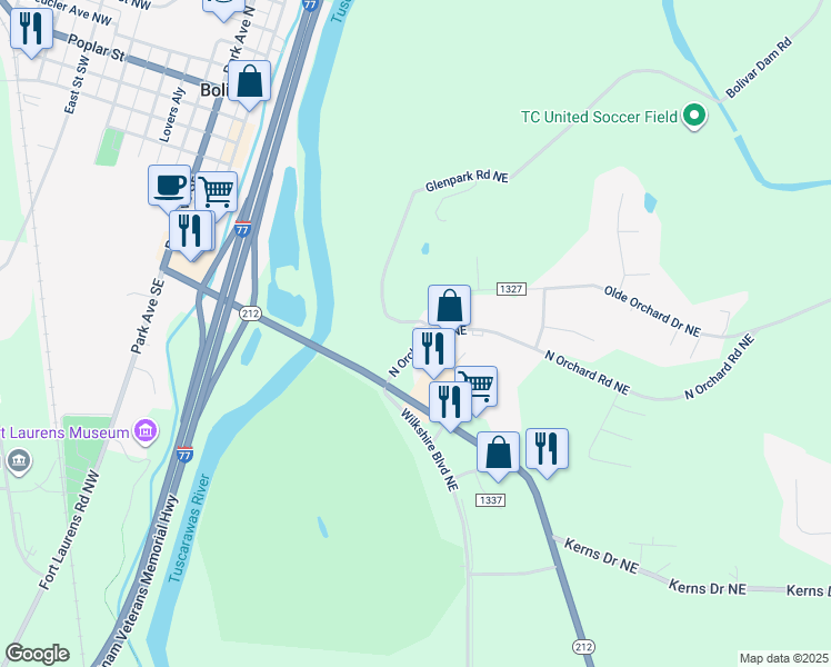 map of restaurants, bars, coffee shops, grocery stores, and more near 11150 Glenpark Road Northeast in Bolivar