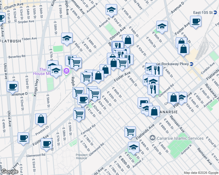 map of restaurants, bars, coffee shops, grocery stores, and more near 538 East 86th Street in Brooklyn
