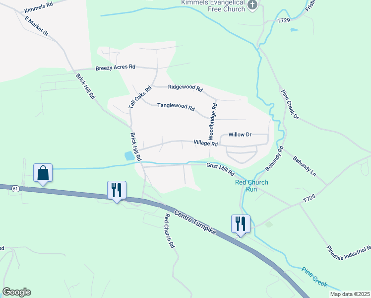 map of restaurants, bars, coffee shops, grocery stores, and more near 1505 Village Road in Orwigsburg