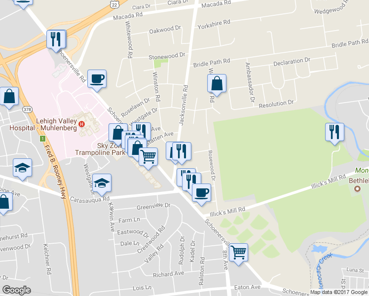 map of restaurants, bars, coffee shops, grocery stores, and more near 2368 Jacksonville Road in Bethlehem