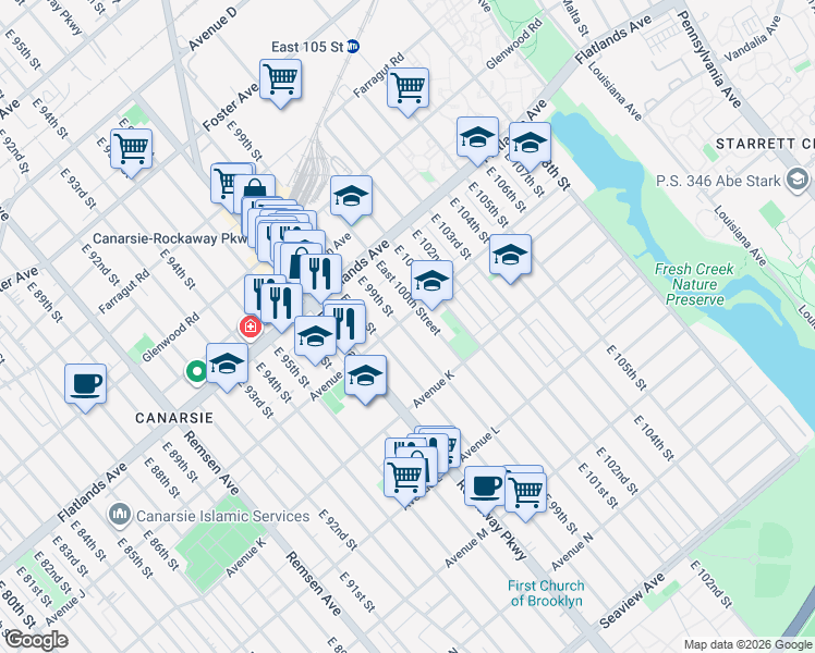 map of restaurants, bars, coffee shops, grocery stores, and more near 9902 Avenue J in Brooklyn