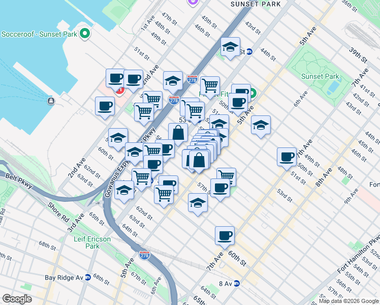 map of restaurants, bars, coffee shops, grocery stores, and more near in Brooklyn