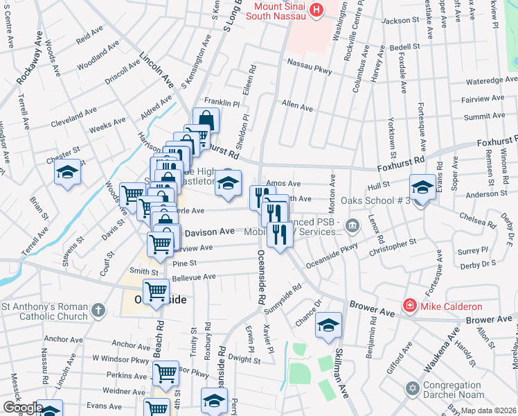 map of restaurants, bars, coffee shops, grocery stores, and more near Oceanside Road & Merle Avenue in Oceanside