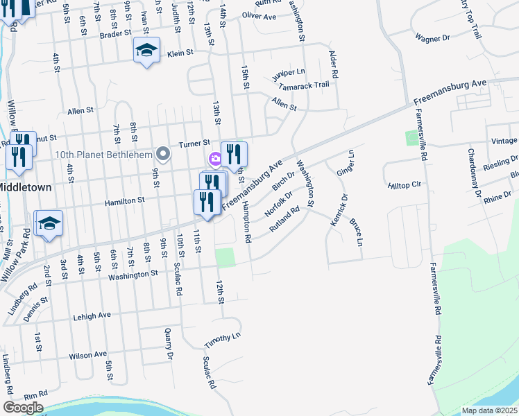 map of restaurants, bars, coffee shops, grocery stores, and more near 3932 Birch Drive in Bethlehem