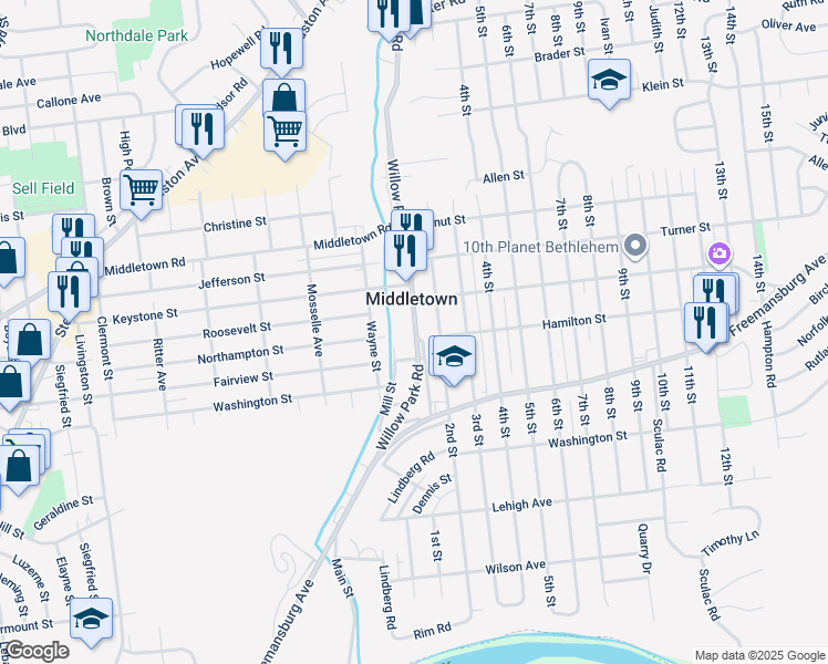 map of restaurants, bars, coffee shops, grocery stores, and more near 1927 Willow Park Road in Bethlehem