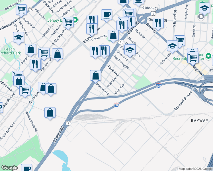 map of restaurants, bars, coffee shops, grocery stores, and more near 814 Gilchrist Avenue in Linden