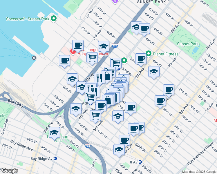 map of restaurants, bars, coffee shops, grocery stores, and more near 415 56th Street in Brooklyn