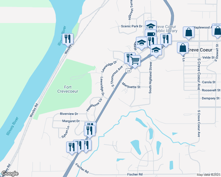 map of restaurants, bars, coffee shops, grocery stores, and more near 299 South Thorncrest Avenue in Creve Coeur