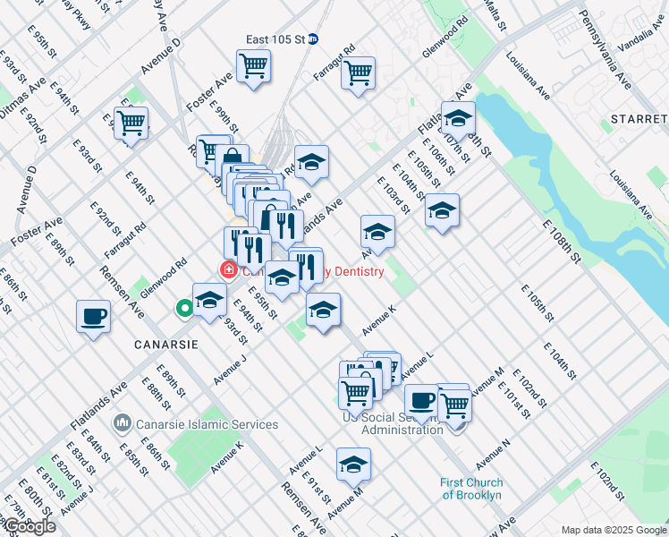 map of restaurants, bars, coffee shops, grocery stores, and more near 1177 East 98th Street in Brooklyn