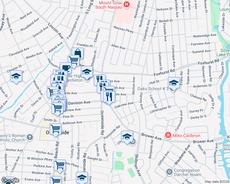 map of restaurants, bars, coffee shops, grocery stores, and more near 218 Madison Avenue in Oceanside