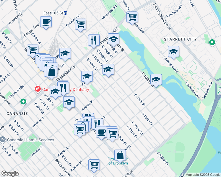 map of restaurants, bars, coffee shops, grocery stores, and more near 10122 Avenue K in Brooklyn