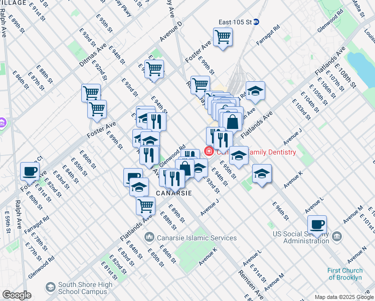 map of restaurants, bars, coffee shops, grocery stores, and more near 1118 East 93rd Street in Brooklyn