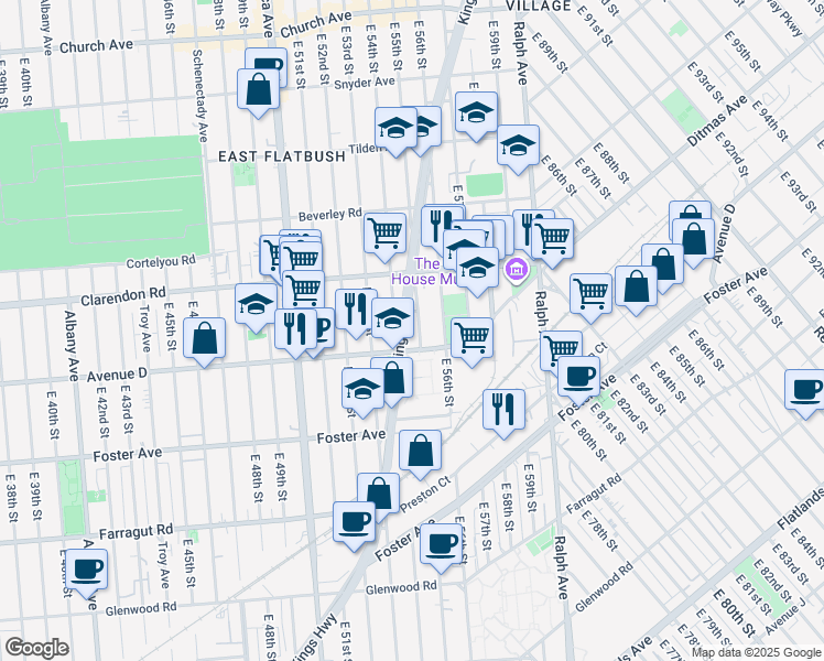 map of restaurants, bars, coffee shops, grocery stores, and more near 615 East 55th Street in Brooklyn