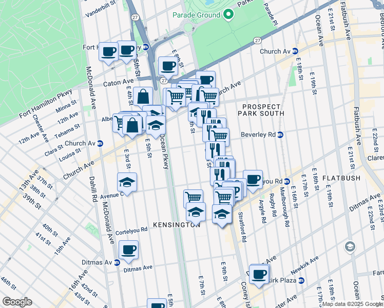 map of restaurants, bars, coffee shops, grocery stores, and more near 387 East 7th Street in Brooklyn
