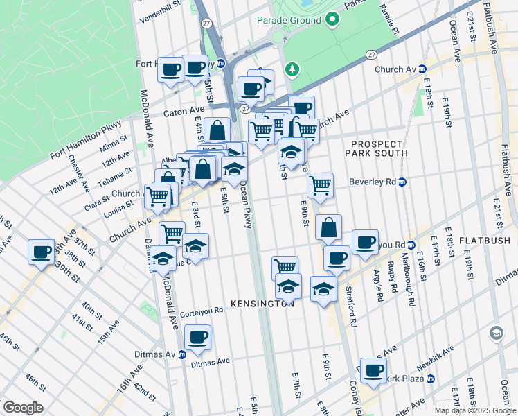 map of restaurants, bars, coffee shops, grocery stores, and more near 280 Ocean Parkway Service Road in Brooklyn