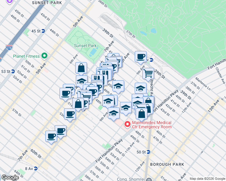 map of restaurants, bars, coffee shops, grocery stores, and more near 867 46th Street in Brooklyn