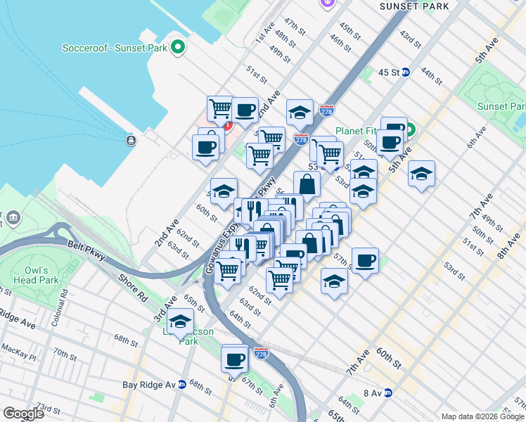 map of restaurants, bars, coffee shops, grocery stores, and more near 330 59th Street in Brooklyn