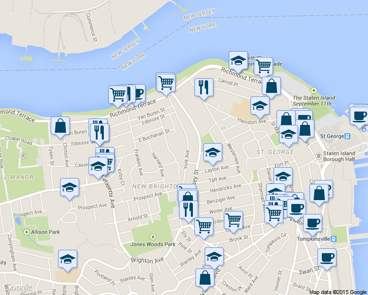 map of restaurants, bars, coffee shops, grocery stores, and more near 175 York Avenue in Staten Island