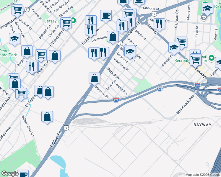 map of restaurants, bars, coffee shops, grocery stores, and more near 814 Gilchrist Avenue in Linden