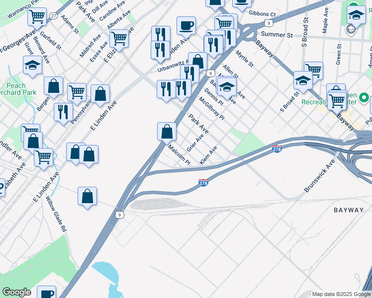 map of restaurants, bars, coffee shops, grocery stores, and more near 814 Gilchrist Avenue in Linden