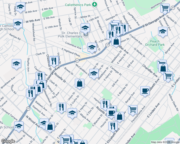 map of restaurants, bars, coffee shops, grocery stores, and more near 1119 McCandless Street in Linden